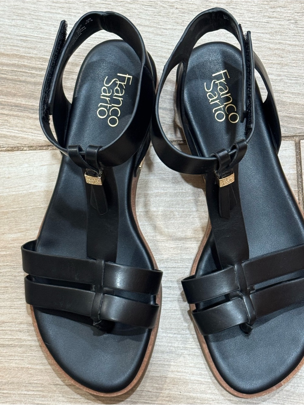Franco Sarto Black Leather Strappy T-Bar Sandals